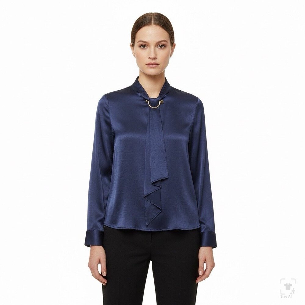 LILYSILK Womens Navy Blue Silk Long Sleeve Blouse With Tie Neck Detail Size M